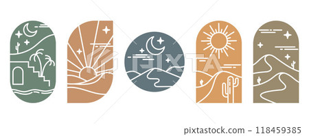 Desert boho logo with sun and mountains. Vector abstract bohemian illustration with moon cactus and minimal landscape. Arch and windows shapes set. Design elements for poster and decoration 118459385