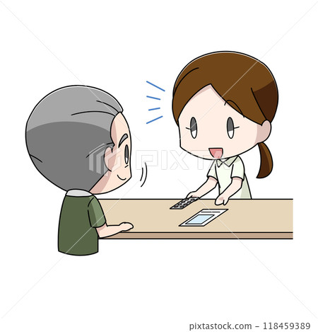 一位老人從藥劑師那裡接受有關藥物的解釋的插圖 118459389