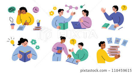 Flat vector illustration set of cartoon students learning, studying, reading, and writing. Teamwork scene, characters having exams, doing homework, education, collaboration, and academic activities 118459615