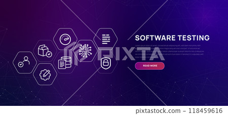 Software testing vibrant purple background with icons concept of coding review and user acceptance test code efficiency performance speed and compatibility 118459616