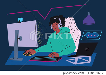 Vector illustration of girl gamer with headset playing computer video game with keyboard and mouse, laptop and pc. Flat cartoon style. Streaming, online gaming, esports, and tech setup themes Vector illustration of girl gamer with headset playing computer video game with keyboard and mouse, laptop and pc. Flat cartoon style. Streaming, online gaming, esports, and tech setup themes 118459617