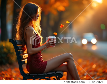 女人在公園裡喝咖啡 女人在公園裡喝咖啡 118459699