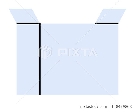 A light blue open box drawing with two flaps open and pointing outward. It features solid black vertical lines highlighting the box edges, all set against a white background. Ideal for storage, packag A light blue open box drawing with two flaps open and pointing outward. It features solid black vertical lines highlighting the box edges, all set against a white background. Ideal for storage, packag 118459868