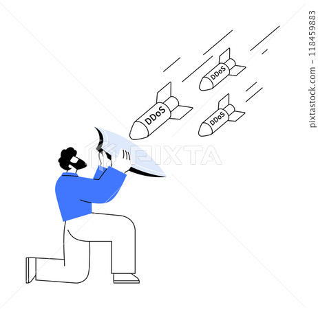 Man holding a shield kneeling, deflecting three incoming missiles labeled DDoS. Ideal for cyber security, defense strategies, risk management, online protection, and IT infrastructure. Minimalist Man holding a shield kneeling, deflecting three incoming missiles labeled DDoS. Ideal for cyber security, defense strategies, risk management, online protection, and IT infrastructure. Minimalist 118459883