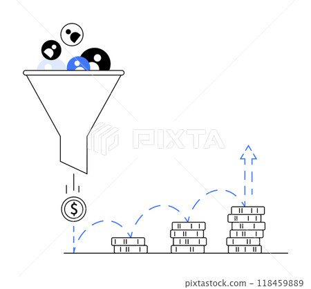 A funnel filled with diverse inputs filters into a dollar coin, which bounces and stacks into higher coin piles. Ideal for finance, investment, marketing, business growth, data analysis. A funnel filled with diverse inputs filters into a dollar coin, which bounces and stacks into higher coin piles. Ideal for finance, investment, marketing, business growth, data analysis. 118459889