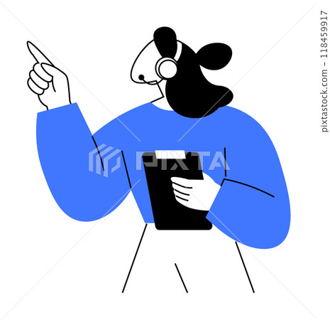 A person wearing a headset points upward with one hand while holding a clipboard in the other. Ideal for customer service, communication, technical support, guidance, training material. 118459917