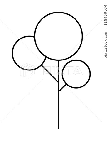 A simple line art drawing of a tree with three circular leaves on branches. Ideal for nature themes, minimalistic decor, vector art designs, children s books, and textile patterns. Black and white sty 118459934