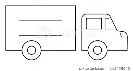Black and white line art of a delivery truck with clear details. Ideal for logistics, transportation, delivery services, shipping, and educational materials in minimalist style. 118459940