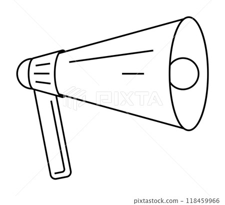A simple black and white outline of a megaphone with a handle. Ideal for themes of communication, marketing, announcements, alerts, and promotions. Simple line art style. 118459966
