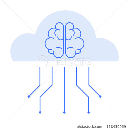 A cloud with a brain and connecting lines represents cloud computing, artificial intelligence, and technology integration. Ideal for technology, AI, cloud computing, digital transformation, IoT. Minim 118459969