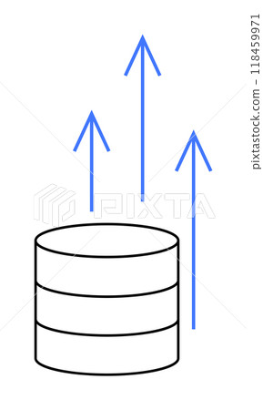 A cylindrical data storage symbol with three blue arrows pointing upward. Ideal for data, storage, transfer, technology, computing. 118459971