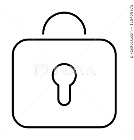 Black and white vector image of a padlock with a keyhole in the center and a U-shaped handle atop. Ideal for security, protection, safety, privacy, access control themes. 118459972