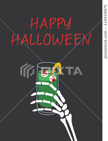 Vector happy Halloween greeting card with spooky cocktail illustration, skeleton hand holding punch drink with jelly eyeballs. Halloween party invitation and decoration. Creepy festive cartoon design Vector happy Halloween greeting card with spooky cocktail illustration, skeleton hand holding punch drink with jelly eyeballs. Halloween party invitation and decoration. Creepy festive cartoon design 118459975