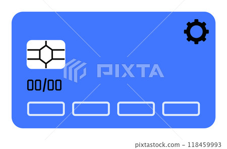 Blue credit card with a futuristic design featuring a chip, cogwheel, date placeholder, and customizable text lines. Ideal for financial services, banking, technology, marketing materials, and app int 118459993