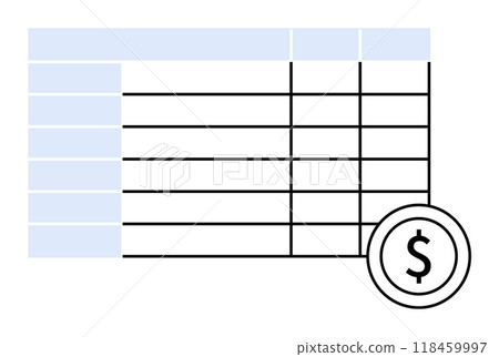 A spreadsheet with blue headers and multiple columns and rows, featuring a dollar symbol at the bottom. Ideal for financial planning, budgeting, data analysis, accounting, invoicing. A spreadsheet with blue headers and multiple columns and rows, featuring a dollar symbol at the bottom. Ideal for financial planning, budgeting, data analysis, accounting, invoicing. 118459997
