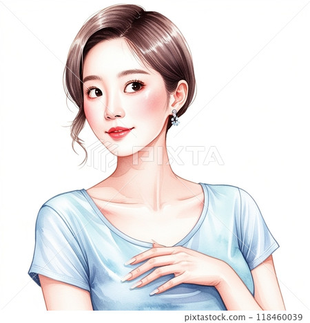 A woman wearing light blue clothes and thinking with her hair tied up 118460039