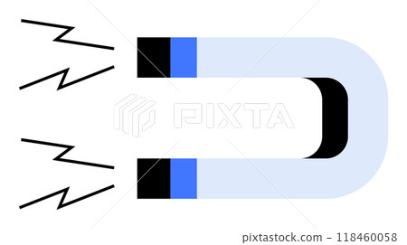 Simple vector of a blue and black horseshoe magnet with three lightning symbols indicating attraction or magnetic force. Ideal for physics, education, science, magnetism, and technology. 118460058