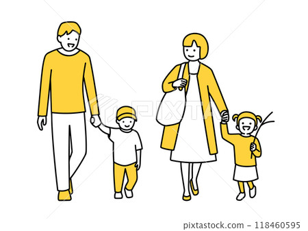 Illustration of a parent and child walking hand in hand _ father, mother and two children Illustration of a parent and child walking hand in hand _ father, mother and two children 118460595