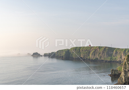 Cape Kiritappu and Cape Yufutsu Lighthouse shrouded in mist in summer in Akkeshi District, Hokkaido 118460657