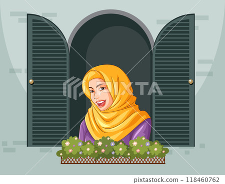 Woman Smiling at Window 118460762