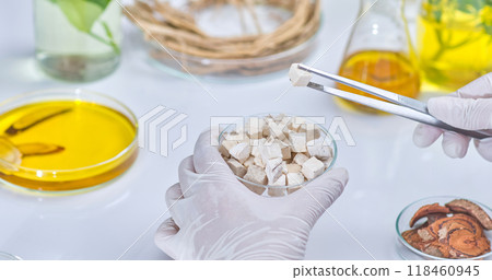 A scientist carefully use tweezers to pick up and meticulously observes a dry white crumb mass from a petri dish. Sample photos for laboratory experiments A scientist carefully use tweezers to pick up and meticulously observes a dry white crumb mass from a petri dish. Sample photos for laboratory experiments 118460945