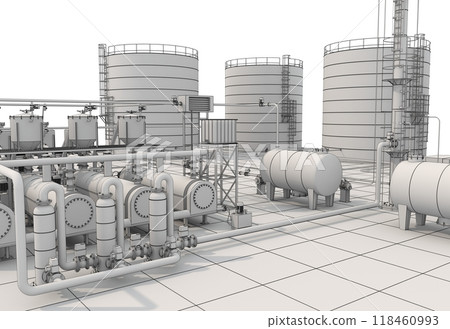 oil refinery, chemical production, waste processing plant, exterior visualization, 3D illustration, cg oil refinery, chemical production, waste processing plant, exterior visualization, 3D illustration, cg 118460993