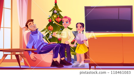 Naughty children looking at sleeping father 118461083