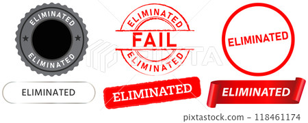Eliminated elimination dismiss qualified stamp badge sign sticker emblem textured symbol design set collection 118461174