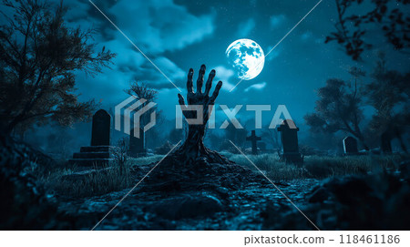 A decayed zombie hand rises from a grave under a full moon in a spooky graveyard. The concept conveys a chilling Halloween or supernatural theme. Generative AI. 118461186