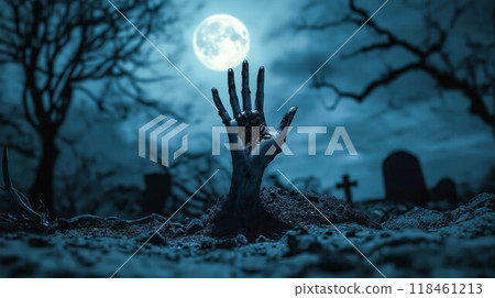 A decayed zombie hand rises from a grave under a full moon in a spooky graveyard. The concept conveys a chilling Halloween or supernatural theme. Generative AI. 118461213