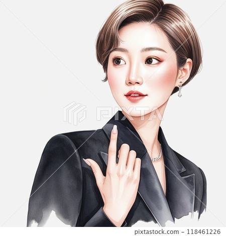 一個穿著黑色西裝的女人看著某處 118461226