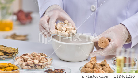 A scientist carefully transfers cubed herbs from a glass dish into a mortar. The organized workspace highlights various herbal specimens, showcasing meticulous preparation. 118461230
