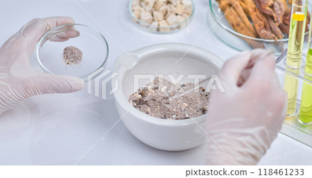 A scientist hand holds a petri dish with a fine herbal powder, ready to mix into a mortar. The lab is filled with various herbs and various laboratory equipment. A scientist hand holds a petri dish with a fine herbal powder, ready to mix into a mortar. The lab is filled with various herbs and various laboratory equipment. 118461233