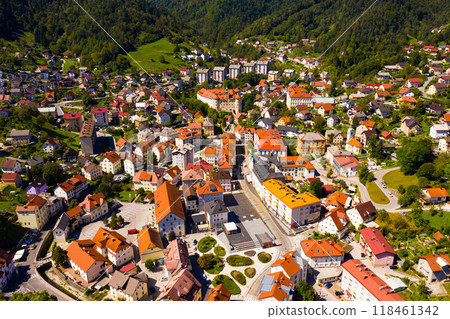 General aerial view of Idrija, Slovenia General aerial view of Idrija, Slovenia 118461342