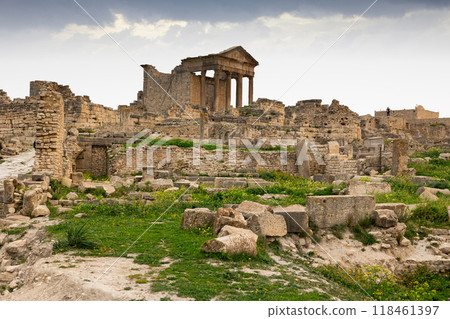 Remnants of Capitol among ruins of ancient Dougga in Tunisia 118461397