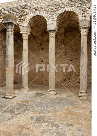 Ruins of ancient Roman Thermes de Liciniens bathing-place on area of antic city in Tunisia Ruins of ancient Roman Thermes de Liciniens bathing-place on area of antic city in Tunisia 118461412