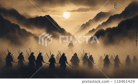 Samurai at dawn in the misty mountains Samurai at dawn in the misty mountains 118461429