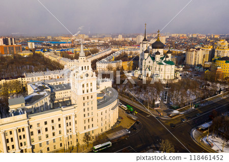 Aerial view of the Annunciation Cathedral and the tower of the Southern Railway building in city Voronezh Aerial view of the Annunciation Cathedral and the tower of the Southern Railway building in city Voronezh 118461452
