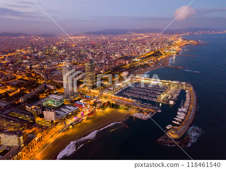 Aerial view from drones of coast in Barcelona and city center 118461540