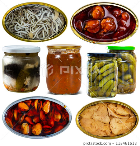 Assorted various canned goods with meat, vegetables and seafood on a white background 118461618