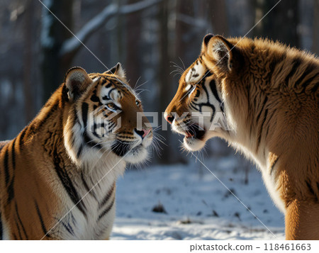 Two tigers glaring at each other 118461663