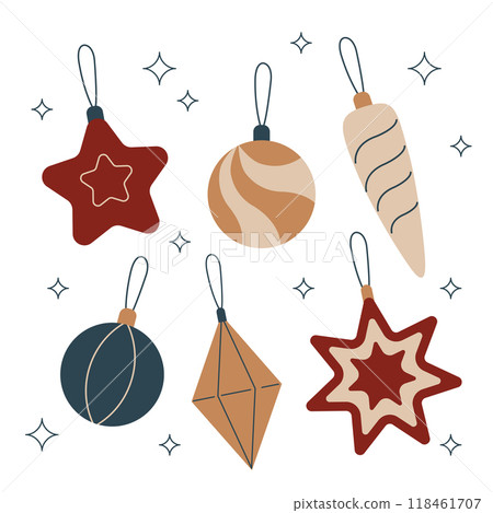 Christmas balls collection. Flat vector elements in retro style. Set for print, banner, card, brochure or poster. Christmas balls collection. Flat vector elements in retro style. Set for print, banner, card, brochure or poster. 118461707