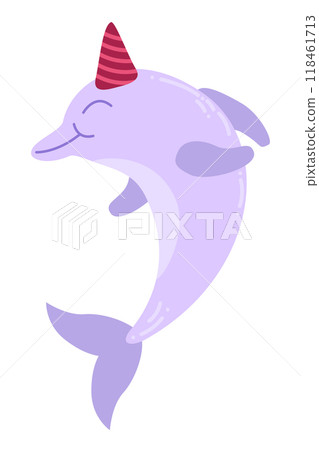 Childrens cute animal. Dolphin character with present. Kids birthday concept. Element for invitation, print, banner, card, brochure, logo. Childrens cute animal. Dolphin character with present. Kids birthday concept. Element for invitation, print, banner, card, brochure, logo. 118461713