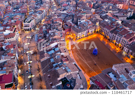 Aerial view of Vic overlooking main Christmas tree on central square in winter evening Aerial view of Vic overlooking main Christmas tree on central square in winter evening 118461717