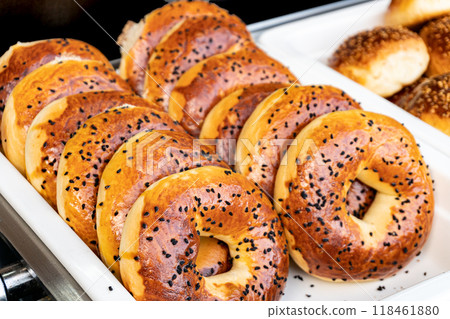 Fresh Golden Crust Bagels with Sesame Topping: Hot Bakery Fresh Golden Crust Bagels with Sesame Topping: Hot Bakery 118461880