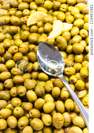 Green olives. Top view. Green olives. Top view. 118461881