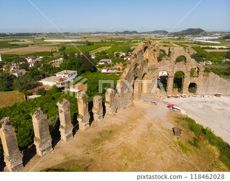 Drone photo of aquduct in ancient city Aspendos 118462028