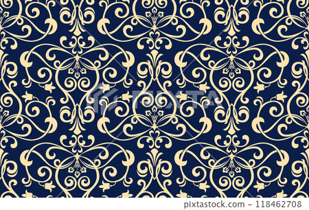 Floral pattern. Vintage wallpaper in the Baroque style. Seamless vector background. Golden and dark blue ornament for fabric, wallpaper, packaging. Ornate Damask flower ornament 118462708