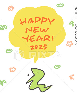 New Year's card with a snake celebrating the New Year, Reiwa 7, 2025, hand-drawn, speech bubble New Year's card with a snake celebrating the New Year, Reiwa 7, 2025, hand-drawn, speech bubble 118462895