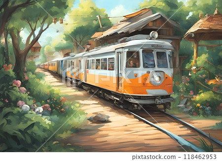 火車和建築物穿過森林的插圖，就像圖畫書中的插圖 118462953